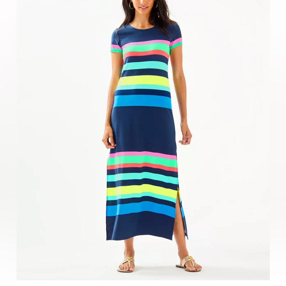 Lilly Pulitzer Tae Striped Maxi Dress with Short Sleeves and Side Slits Size L
